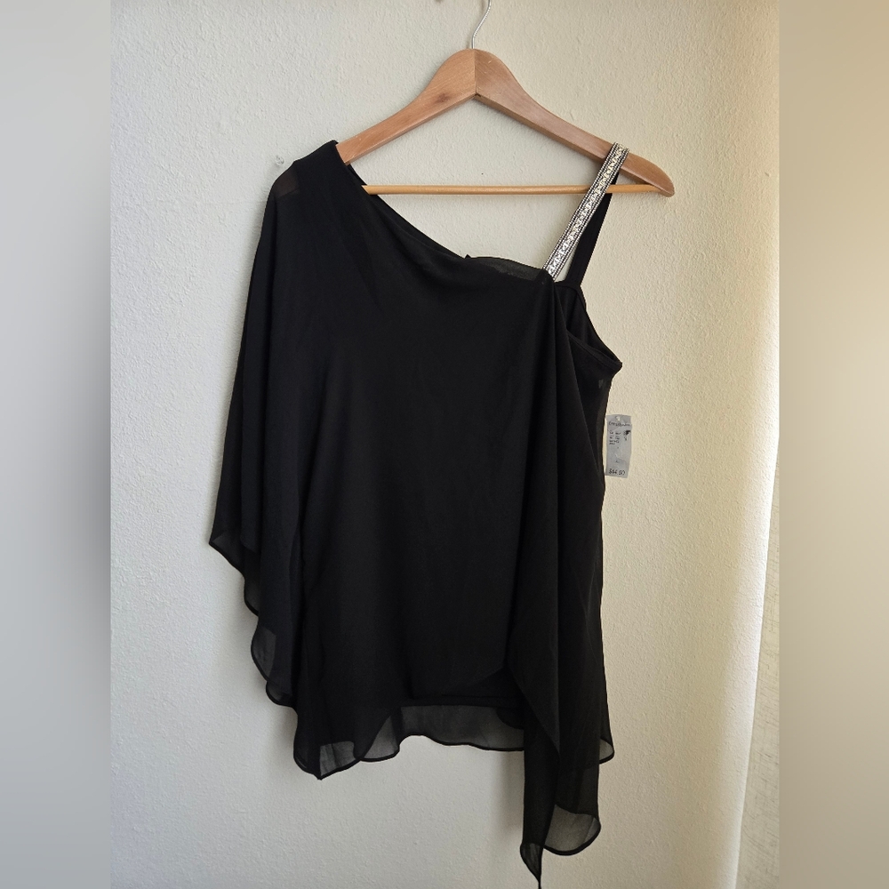 Roz & Ali Black One-Shoulder Blouse with Silver Accent, Size L